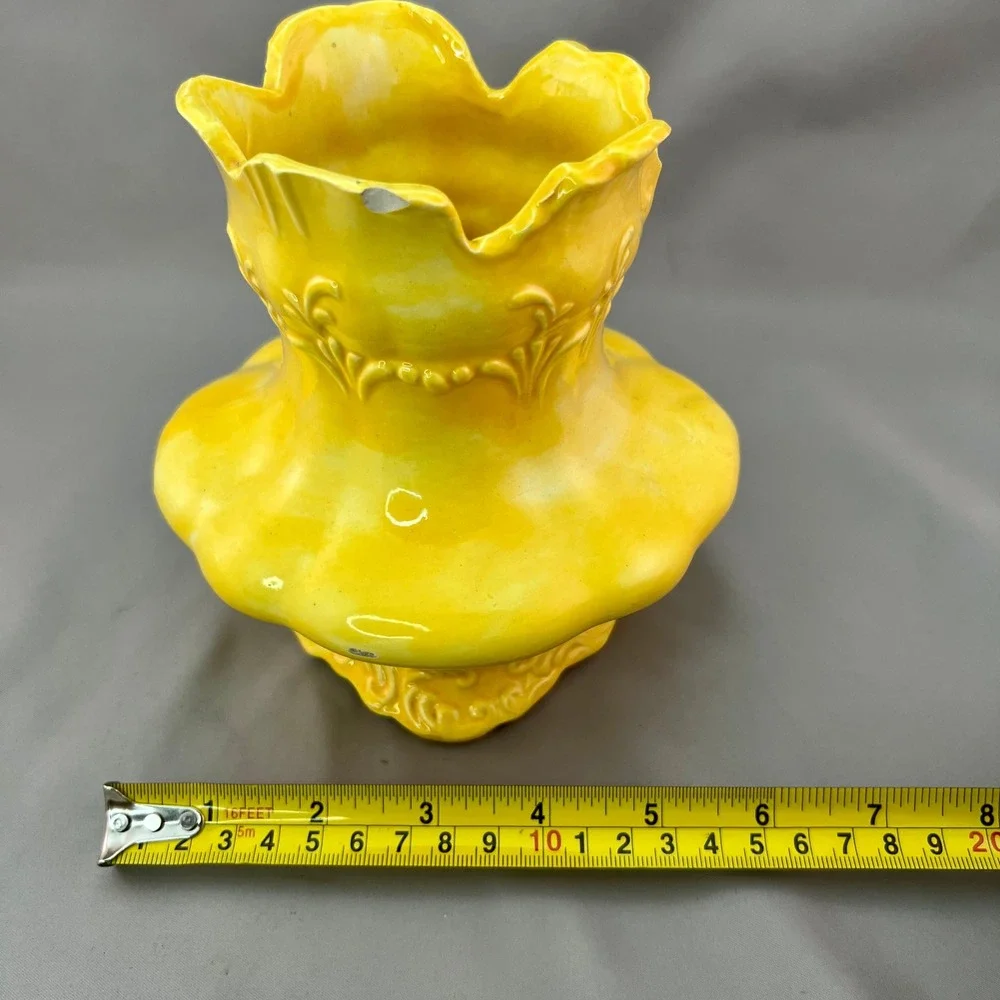 Ceramic Vase Yellow Fair Embossed Scalloped No. 62 Vintage See pics for flaws